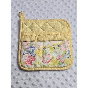 Vintage Floral Quilted Pot Holder Plaid Pocket Yellow Ruffle Cottagecore Baking